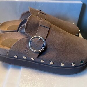 JustFab Brown Suede Mules with Silver Accents